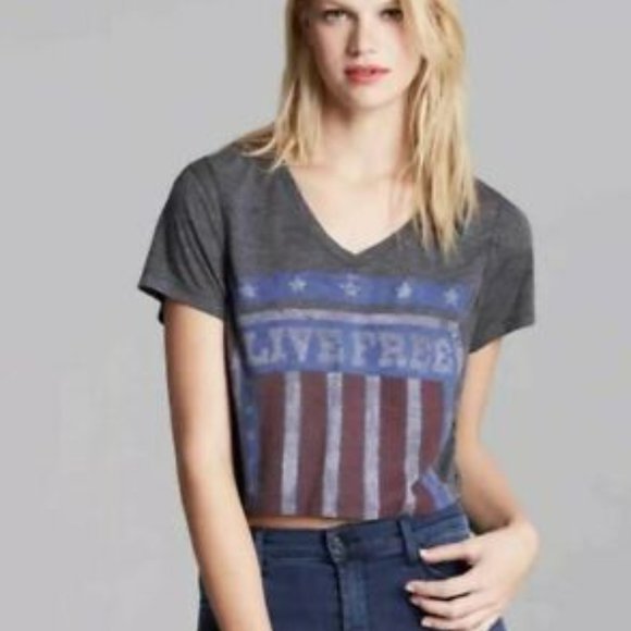 Guess Tops - Guess 'Live Free" Grey Patriotic Flag Crop Top Sm